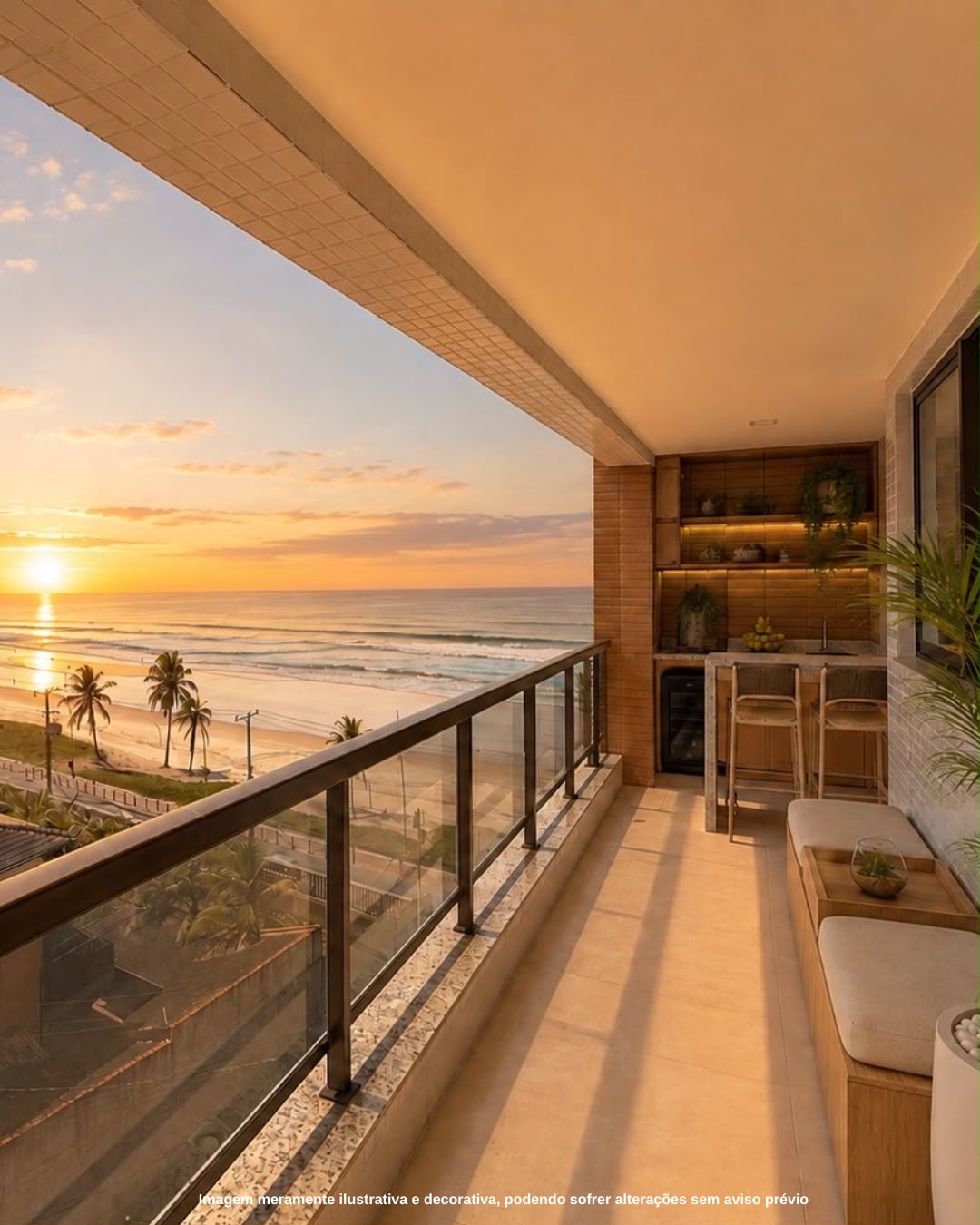 Varanda decorada com vista para o mar